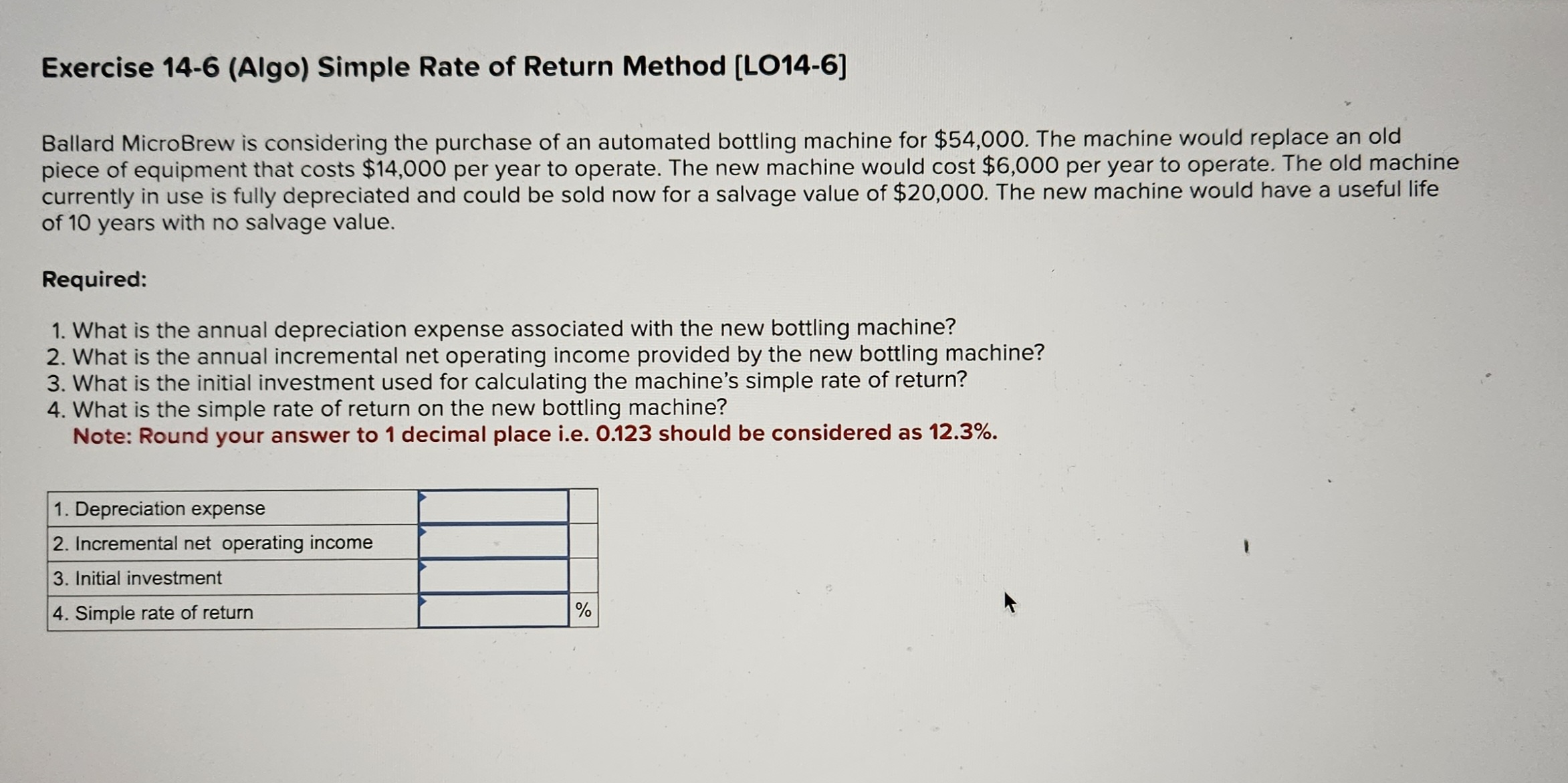  Exercise 14-6(Algo) Simple Rate of Return Method [L014-6] Ballard MicroBrew is