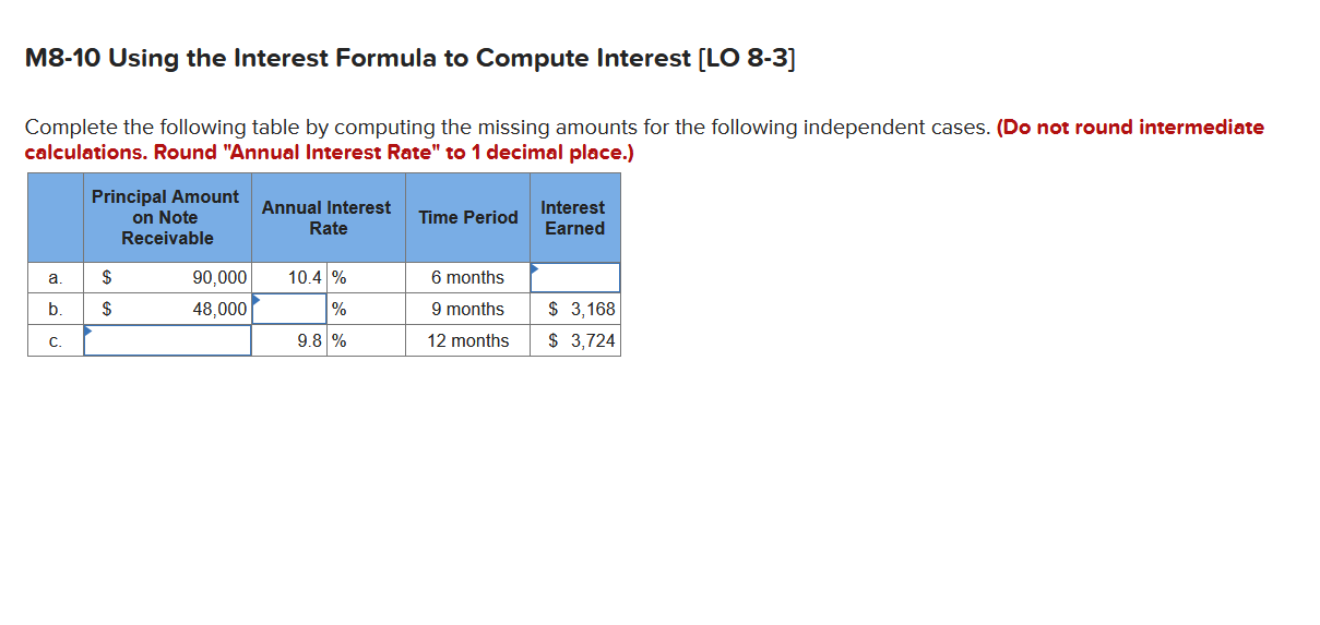  M8-10 Using the Interest Formula to Compute Interest (LO 8-3] Complete