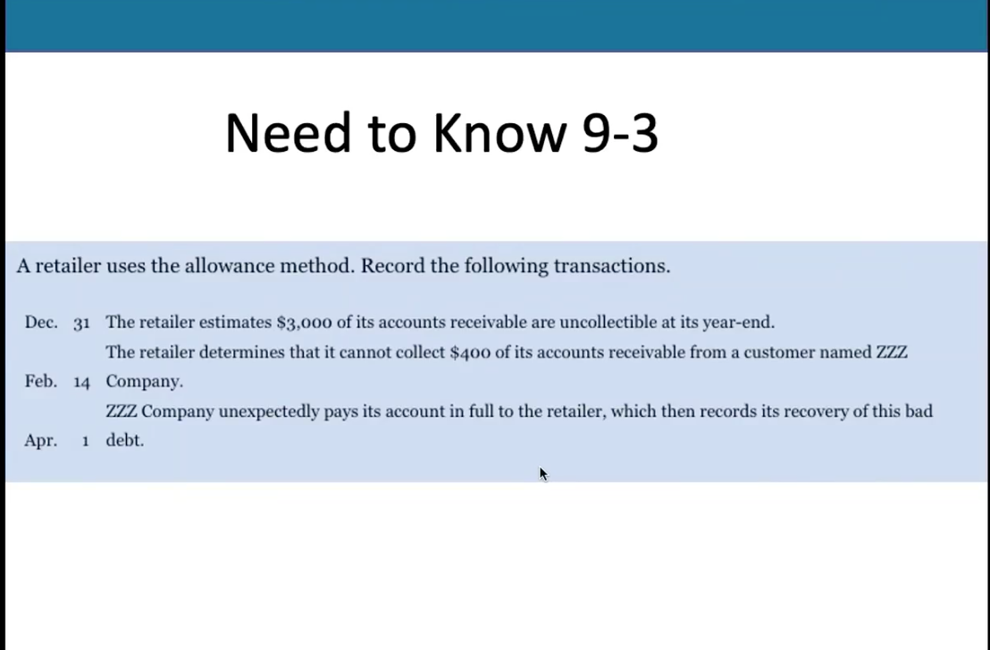  Need to Know 9-3 A retailer uses the allowance method. Record