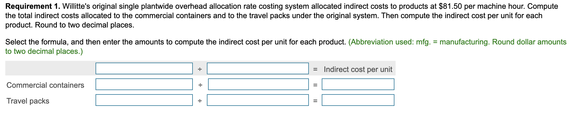 of Allocation Base Activity Materials handling 19,000 kilos 95,000 Number of kilos