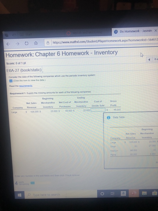  Do Homework - Jasmin X A https://www.mathd.com/Student/PlayerHomework aspx?homeworkid=564612 Homework: Chapter 6