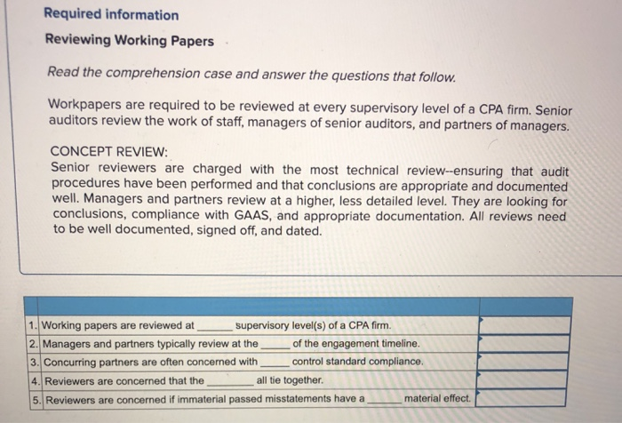  Required information Reviewing Working Papers Read the comprehension case and answer