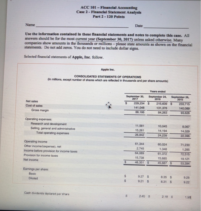  ACC 101- Financial Accounting Case 2 - Financial Statement Analysis Part