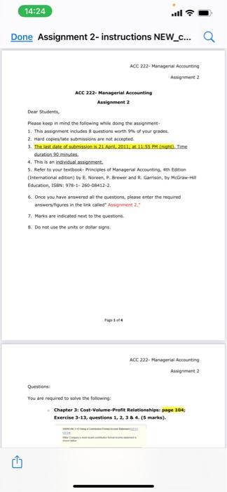  14:24 Done Assignment 2- instructions NEW_C... Q ACC 222. Managerial Accounting