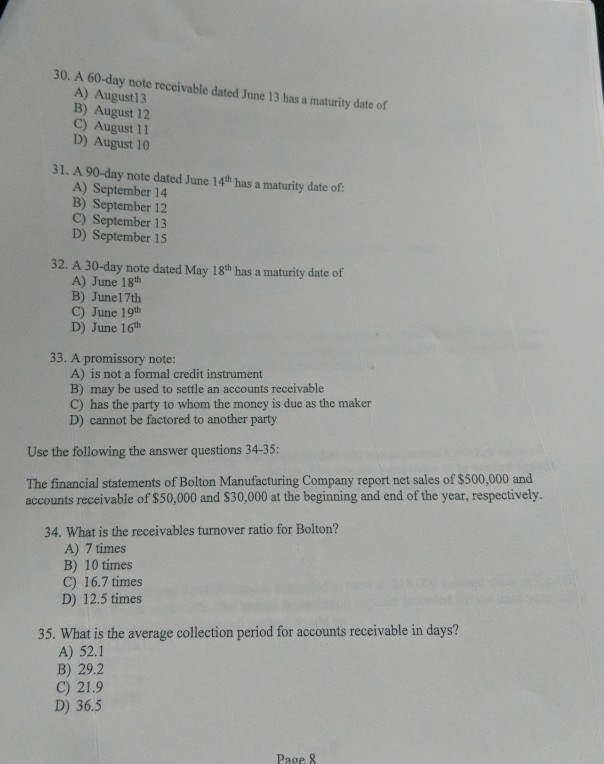 30. A 60-day note receivable dated June 13 has a maturity