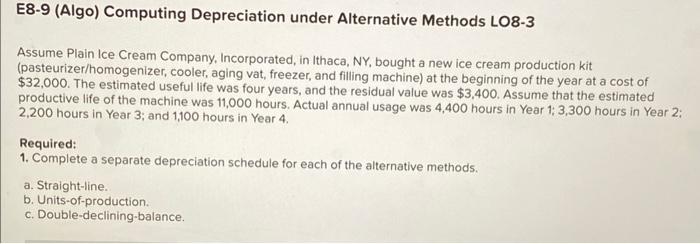  E8-9 (Algo) Computing Depreciation under Alternative Methods LO8-3 Assume Plain Ice