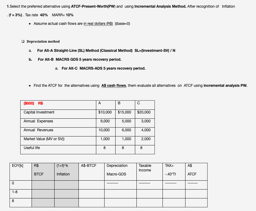 ATCF-C A(B-A) A(2-?) APWB-A(MARR%)=??? 1. Select the preferred alternative using ATCF-Present-Worth(PW) and