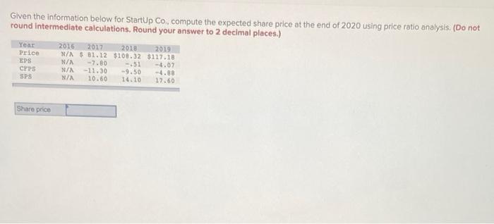  Given the information below for StartUp Co., compute the expected share