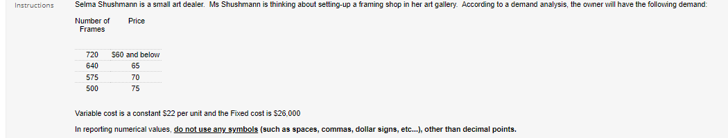 Refer to Shushmann Art Studios. Using the table supplied, calculate the