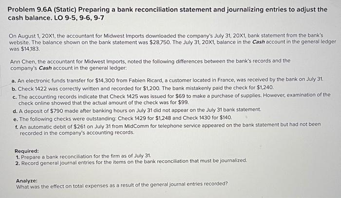  Problem 9.6A (Static) Preparing a bank reconciliation statement and journalizing entries