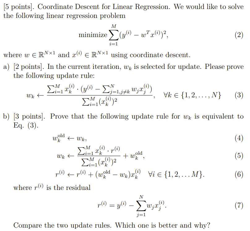  [5 points]. Coordinate Descent for Linear Regression. We would like to