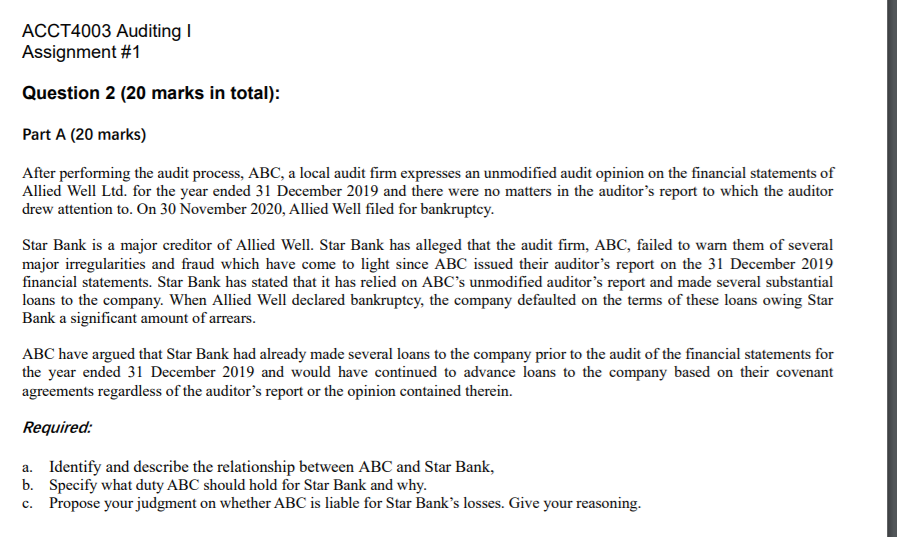 ACCT4003 Auditing Assignment #1 Question 2 (20 marks in total): Part