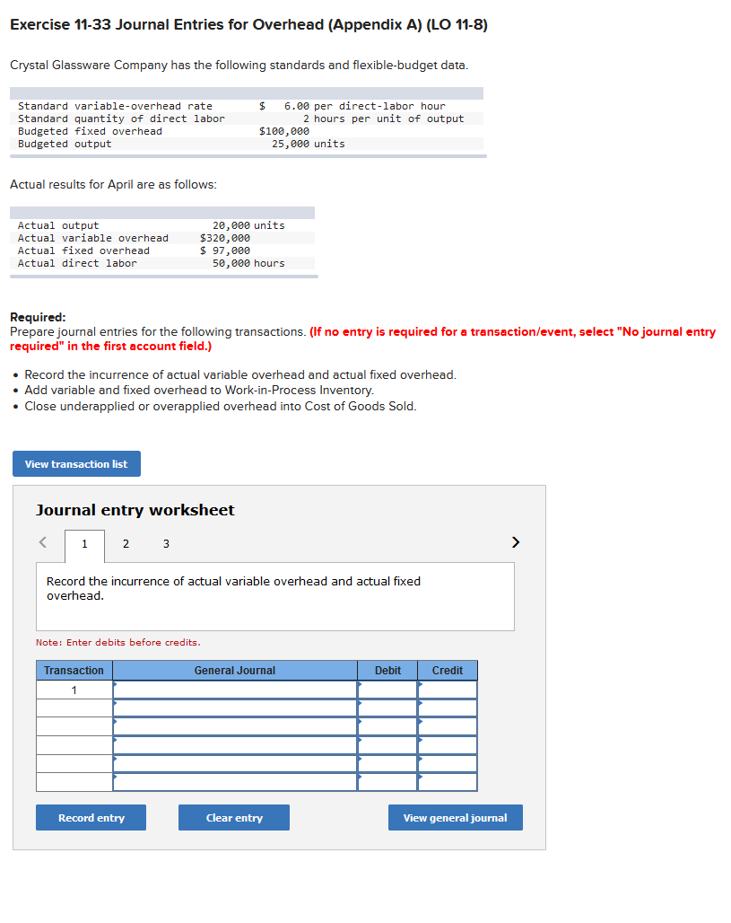 Exercise 11-33 Journal Entries for Overhead (Appendix A) (LO 11-8) Crystal