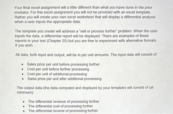  Your final excel assignment will a little different than what you