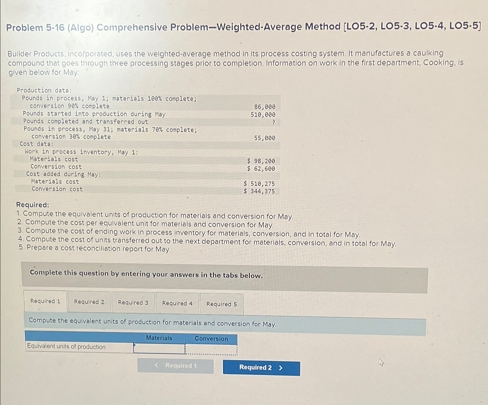  Problem 5-16(Algo) Comprehensive Problem-Weighted-Average Method [L05-2, LO5-3, LO5-4, LO5-5] Builder Products,