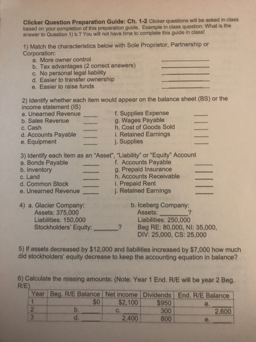  Clicker Question Preparation Guide: Ch. 1-2 Clicker questions will be asked
