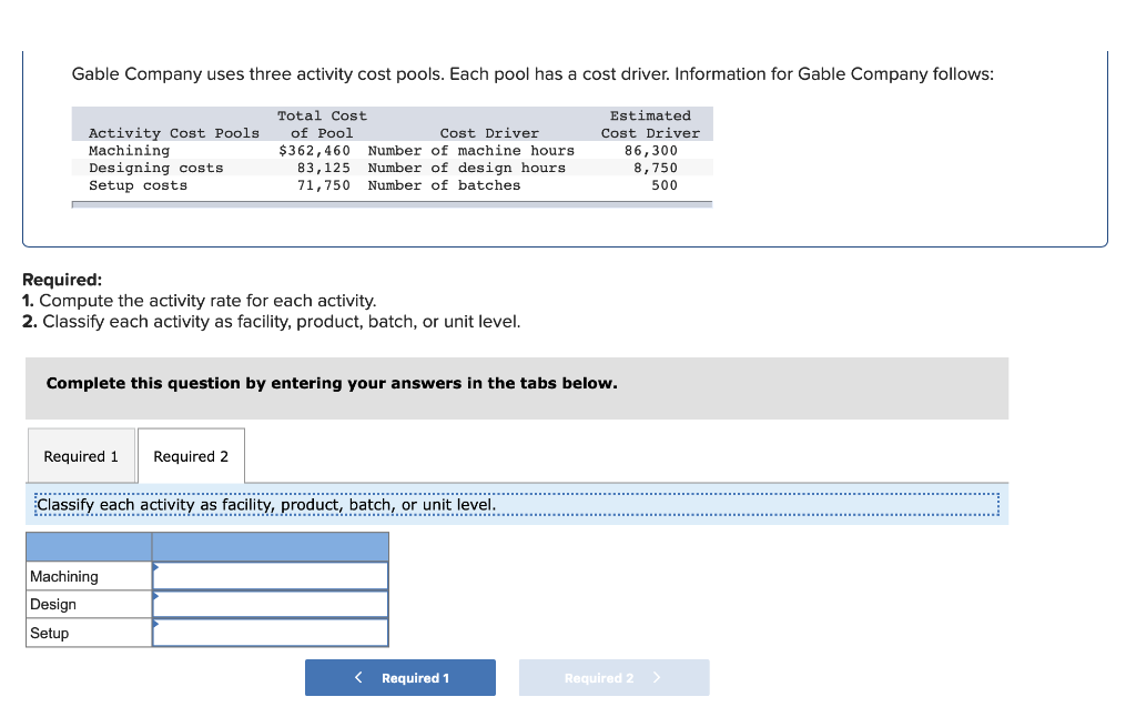 driver. Information for Gable Company follows: Activity Cost Pools Total Cost of
