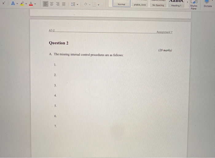No Spacing Question 2 (20 marks) Internal control procedures were overlooked in