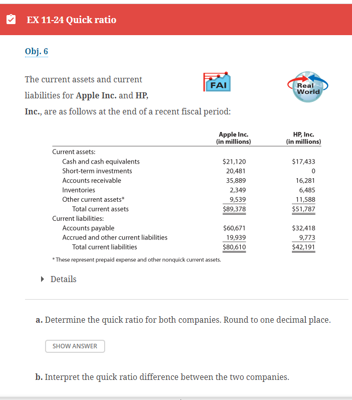 The current assets and current liabilities for Apple Inc. and HP,