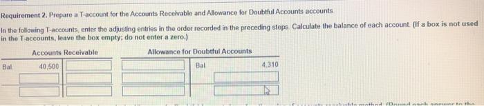 percent of credit sales. 2. Prepare a T-account for the Accounts Receivable