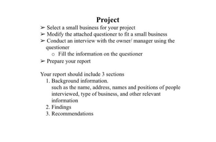  Project Select a small business for your project Modify the attached