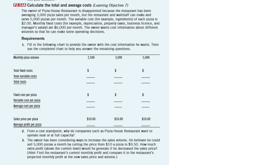 P2-54A Calculate the total and average costs (Learning Objective 7) The