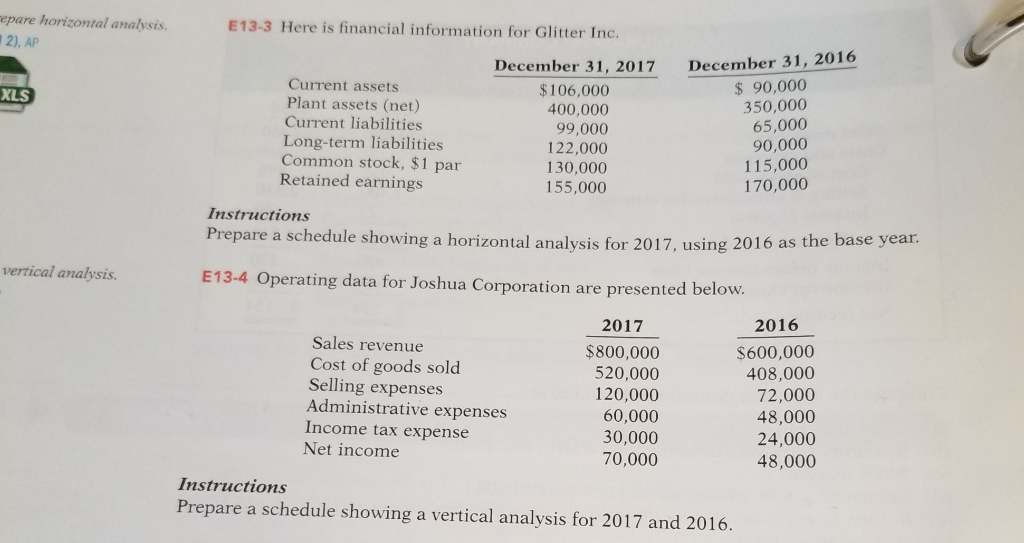 epare horizontal analysis. 2), AP E13-3 Here is financial information for