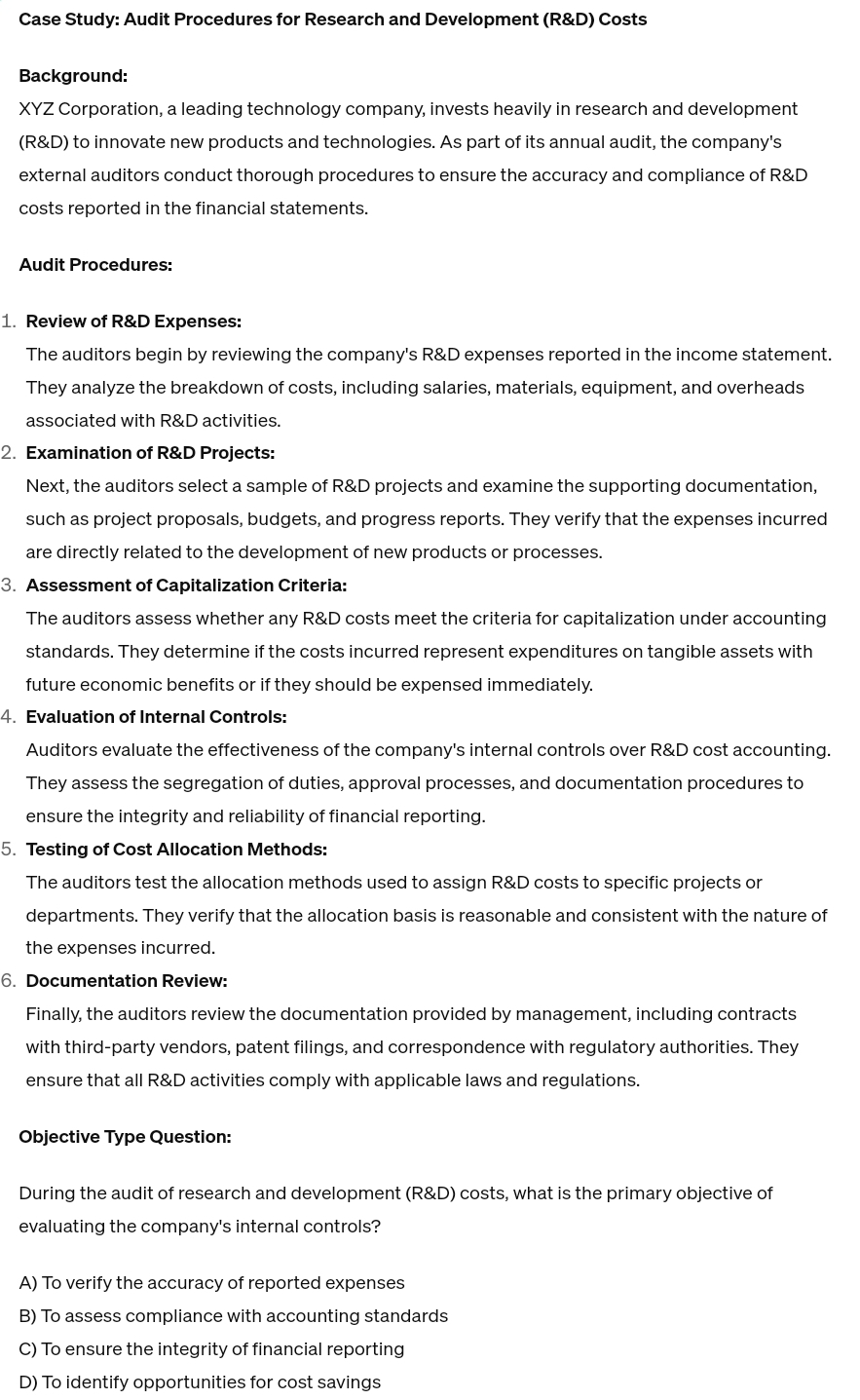  Case Study: Audit Procedures for Research and Development (R&D) Costs Background: