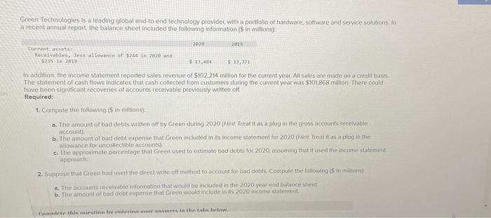 account for bad debts, Compute the following (\$ in millions) a. The