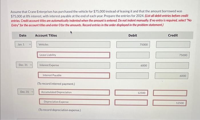 lease transactions are presentd below for Crane Enterprises. Assume that all lease
