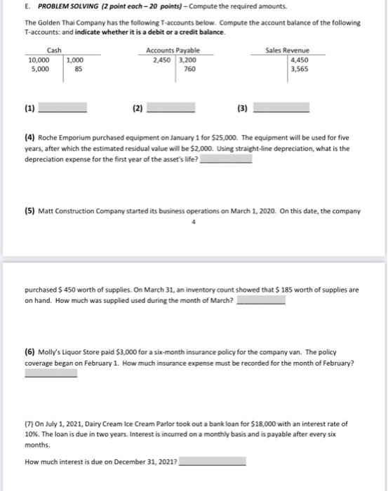  E. PROBLEM SOLVING (2 point each - 20 points) - Compute