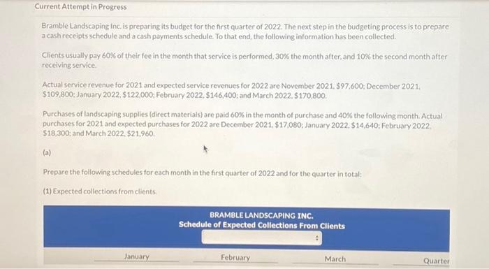  Current Attempt in Progress Bramble Landscaping Inc. is preparing its budget