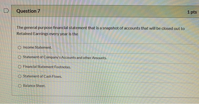  Question 7 1 pts The general purpose financial statement that is