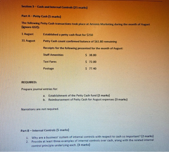  Section 3 - Cash and Internal Controls (25 marks) Part A-Petty