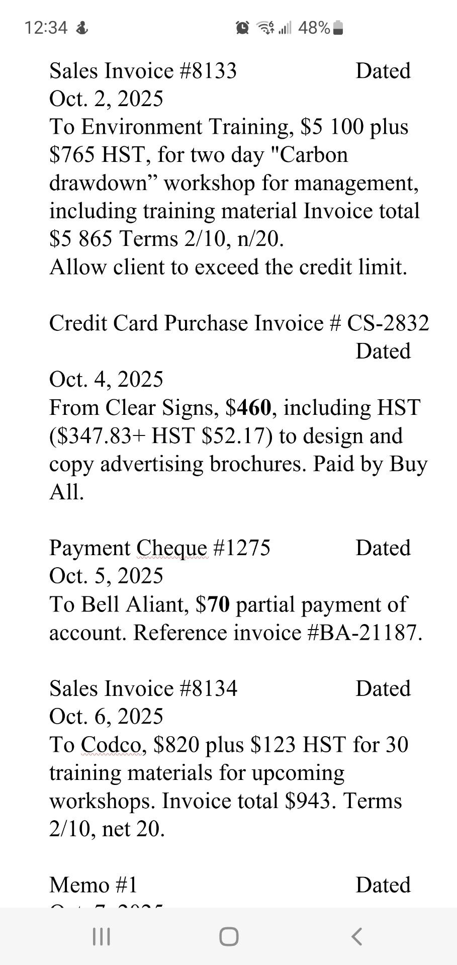 journalize Sales Invoice \#8133 Dated Oct. 2, 2025 To Environment Training, \$5
