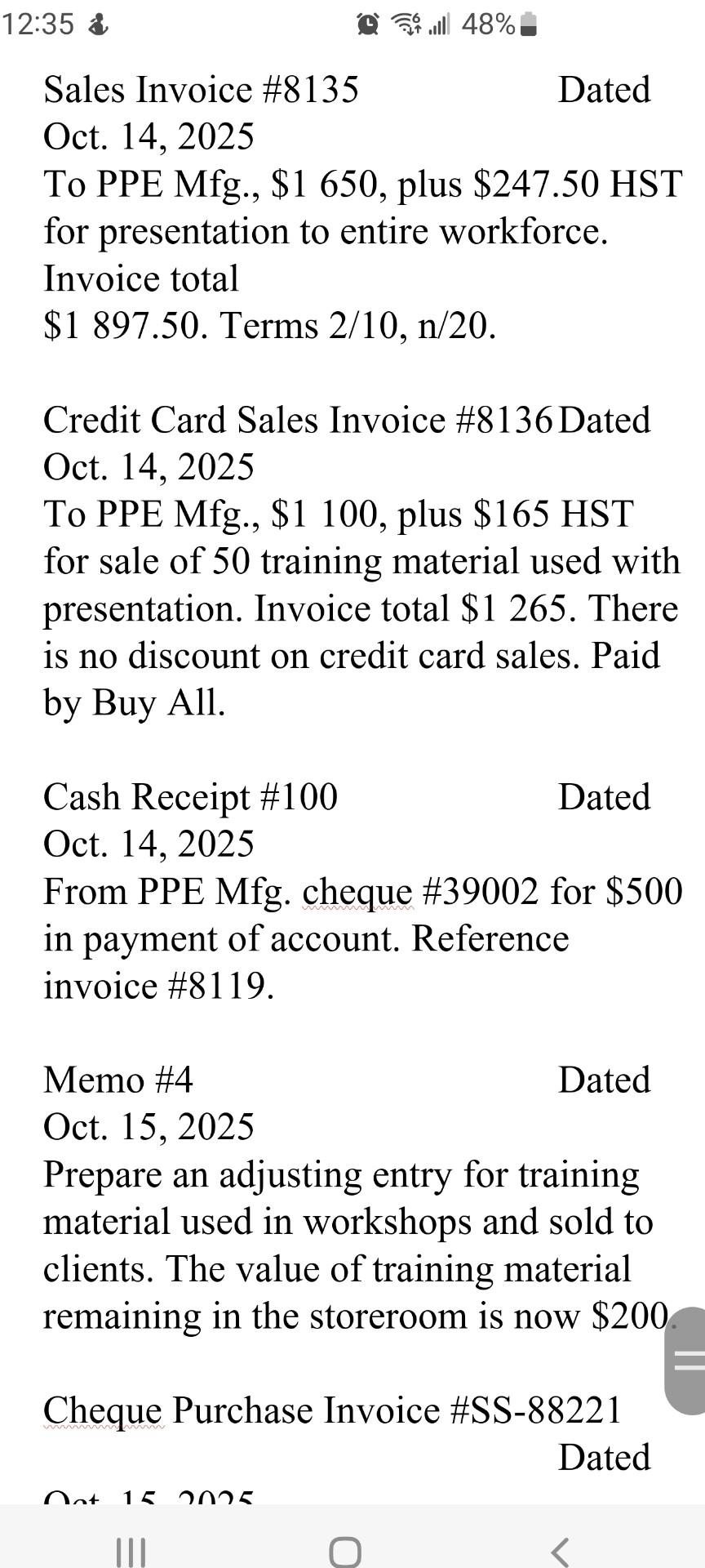 Dated Oct. 5, 2025 To Bell Aliant, $70 partial payment of account.
