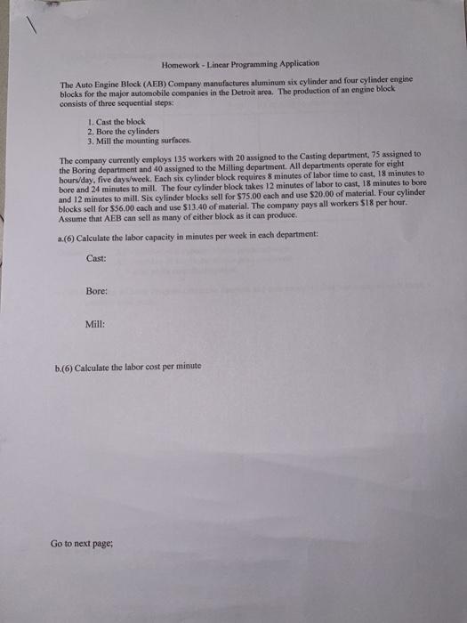  Homework - Linear Programming Application The Auto Engine Block (AEB) Company