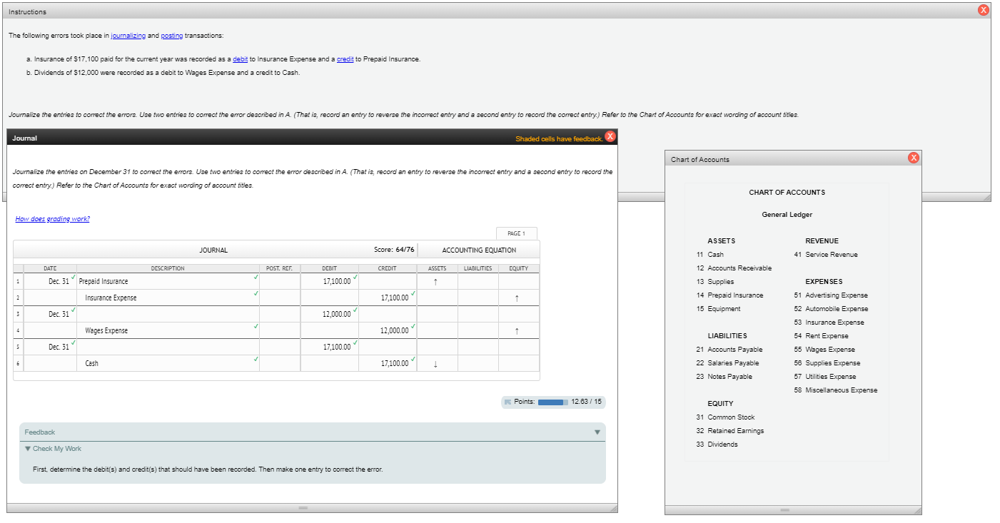 Instructions The following errors took place in journalizing and posting transactions: