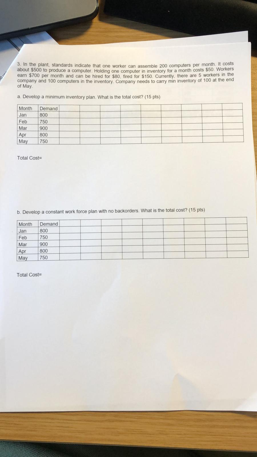 Question about total cost, with inventory plan minimum? 3. In the plant,