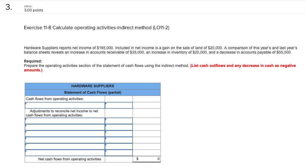  3. 300 value: 3.00 points Exercise 11-8 Calculate operating activities-indirect method