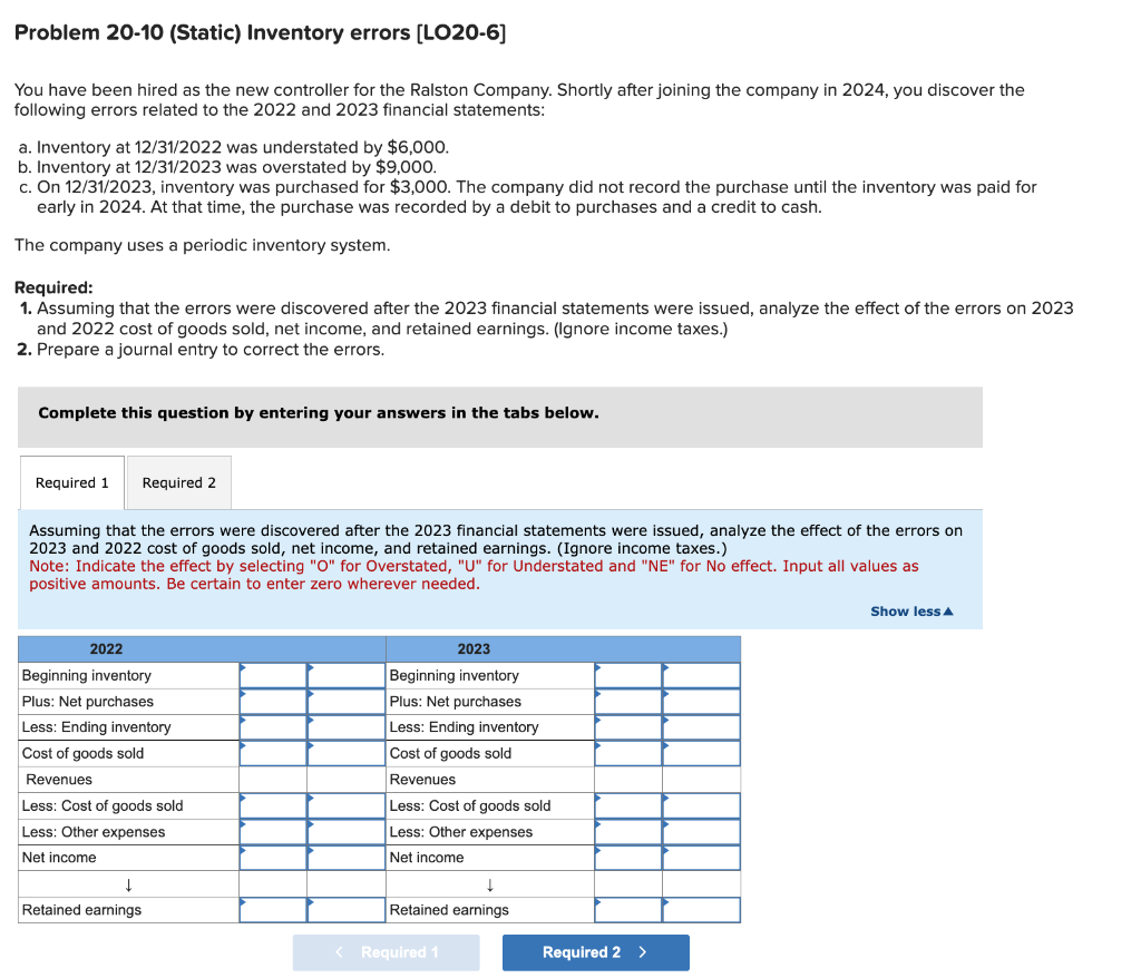  Problem 20-10 (Static) Inventory errors [LO20-6] You have been hired as