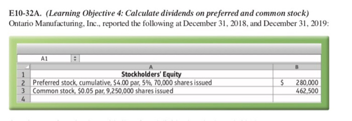  E10-32A. (Learning Objective 4: Calculate dividends on preferred and common stock)