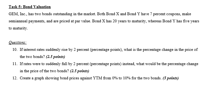 Task 5: Bond Valuation GEM, Inc., has two bonds outstanding in