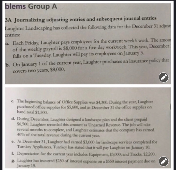  blems Group A BA Journalizing adjusting entries and subsequent journal entries