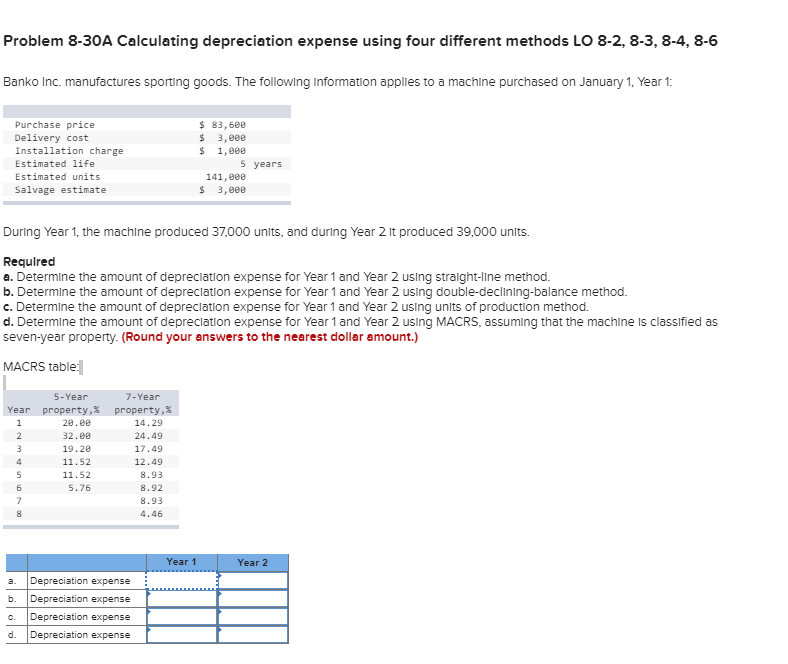  Problem 8-30A Calculating depreciation expense using four different methods LO 8-2,