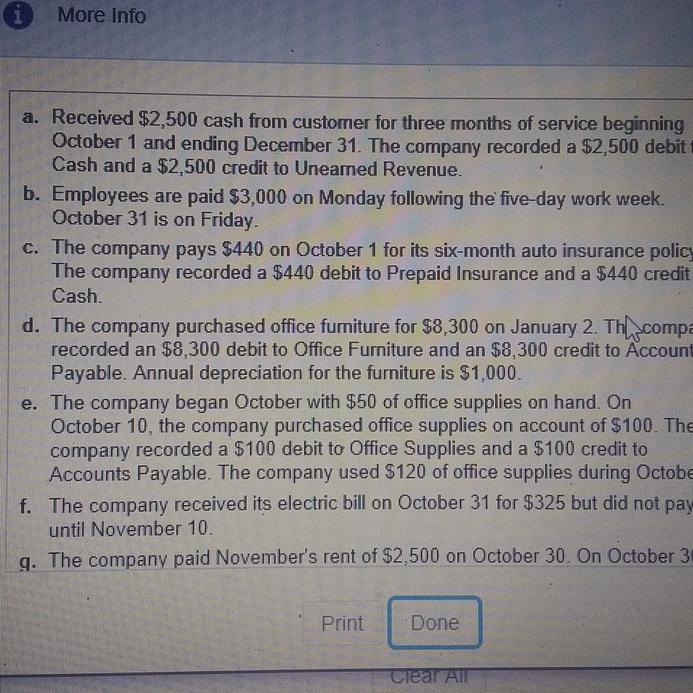October 31 for the month of October Assuming the adjusting entry is