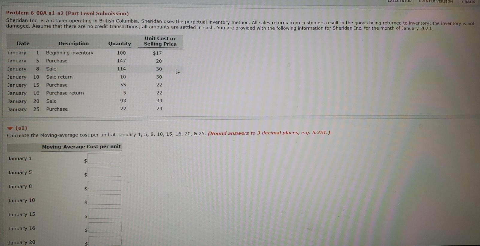 moving average cost CALCULATOR PRINTER VERSION 4 BACK Problem 6-08A al-a2 (Part