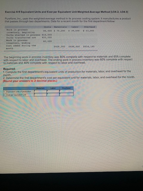 Exercise 4-9 Equivalent Units and Cost per Equivalent Unit-Weighted-Average Method [L04-2,