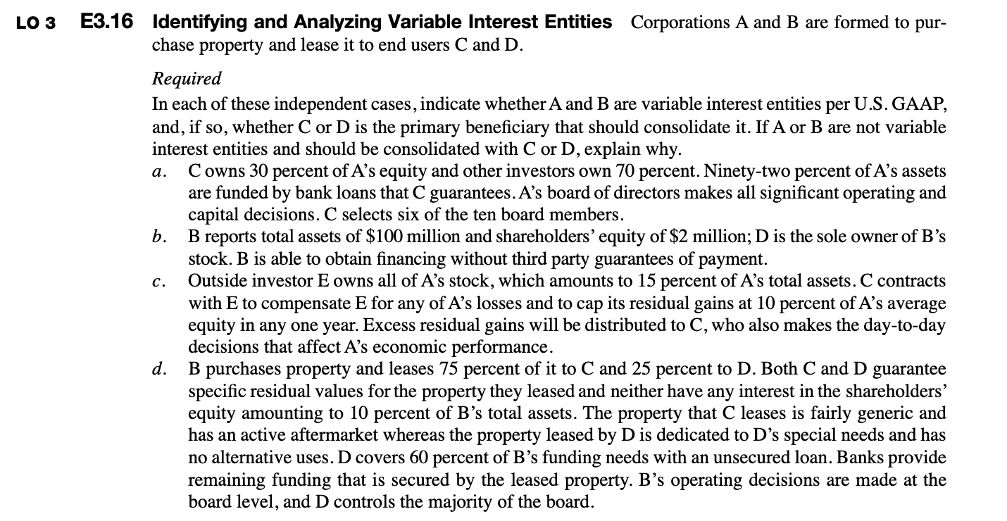 LO 3 a. E3.16 Identifying and Analyzing Variable Interest Entities Corporations
