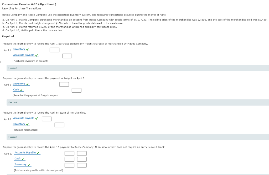 Cornerstone Exercise 6-20 (Algorithmic) Recording Purchase Transactions Mathis Company and Reece